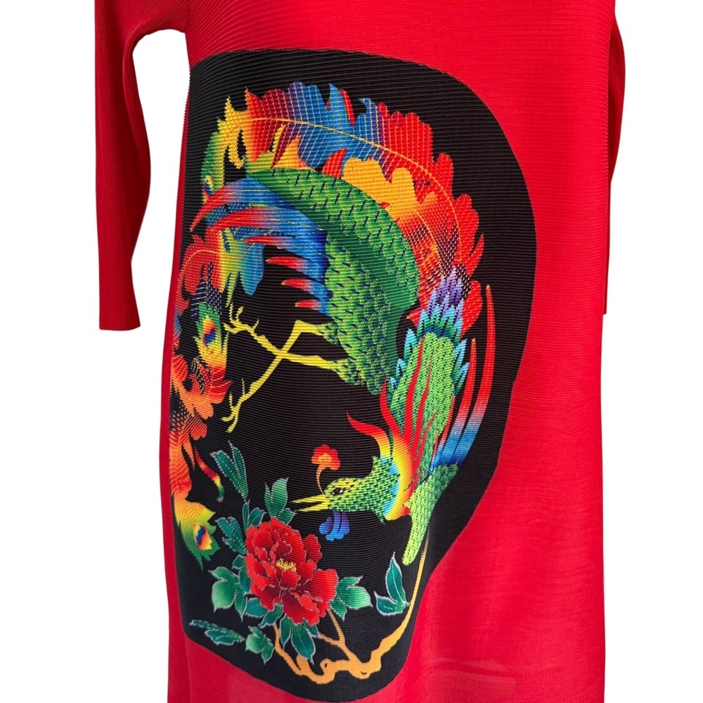 Red Pleated Cheongsam Dress Phoenix Bird Asian Style Mandarin‎ Collar - Picture 3 of 6